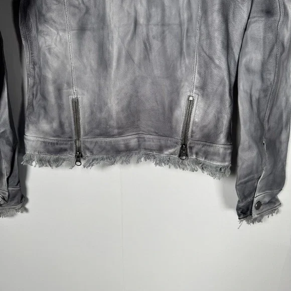JKT NYC Womens Grey Genuine Leather Fringed Jacket Size XS 'Alexa‎ Patina' Moto